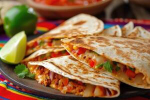AI generated mexican quesadillas with chicken, cheese and peppers, copy space photo