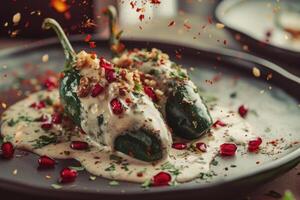 AI generated Mexican cuisine Chile en Nogada stuffed poblano chiles with creamy sauce, pomegranate seeds photo