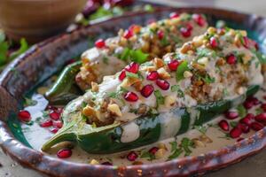 AI generated Mexican cuisine Chile en Nogada stuffed poblano chiles with creamy sauce, pomegranate seeds photo