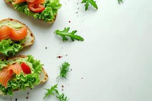 AI generated Open sandwiches toasts with salted salmon, avocado guacamole, roasted chickpeas photo