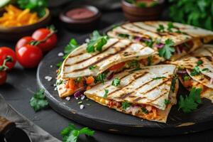 AI generated mexican quesadillas with chicken, cheese and peppers, copy space photo