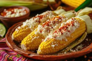 ai generado elotes, A la parrilla mexicano calle maíz en el mazorca con cotija queso, chile polvo, mayonesa foto
