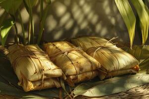 AI generated Prehispanic mexican dish Tamales. Corn dough wrapped in corn leaves photo