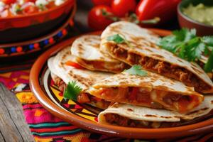 AI generated mexican quesadillas with chicken, cheese and peppers, copy space photo