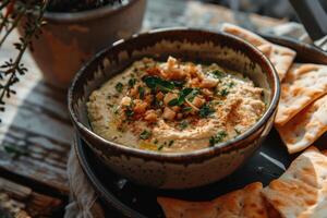 ai generado hummus inmersión con garbanzo, perejil, aceituna aceite, Agave papas fritas foto