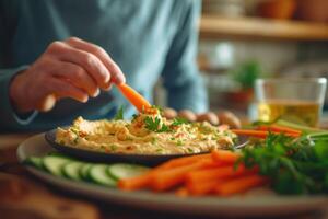 AI generated Hummus dip with chickpea, parsley, olive oil, pita chips photo