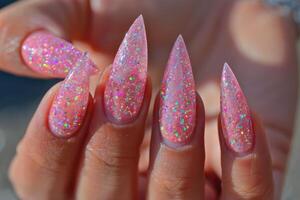 AI generated Pink elongated nail extension with fine glitter photo