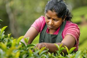 ai generado hembra trabajadores recoger cosechas té hojas por mano a té plantación foto