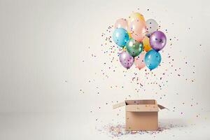 AI generated April Fools Day banner, colorful balloons and confetti flying out of a gift box, party, birthday photo