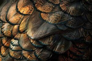 AI generated extreme macro shot of peacock bird feathers photo