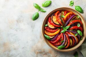 AI generated Traditional french Ratatouille with tomatoes, eggplant and zucchini, top view, copy space photo