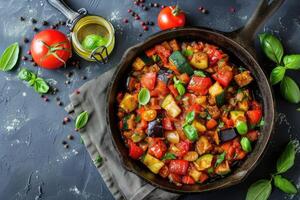 AI generated Traditional french Ratatouille with tomatoes, eggplant and zucchini, top view, copy space photo