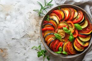 AI generated Traditional french Ratatouille with tomatoes, eggplant and zucchini, top view, copy space photo