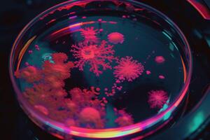 AI generated petri dishes with bacterial colonies culture on agar plates in laboratory photo