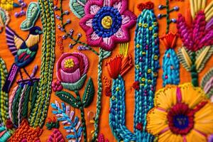 AI generated Mexican embroidery with cacti, flowers, birds, beads photo