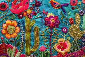 AI generated Mexican embroidery with cacti, flowers, birds, beads photo