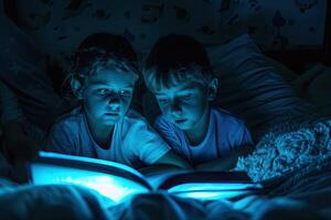 AI generated Children's reading a book together. International Children's Book Day photo