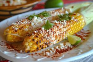 ai generado elotes, A la parrilla mexicano calle maíz en el mazorca con cotija queso, chile polvo, mayonesa foto