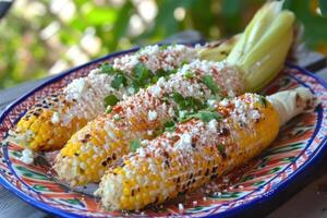 ai generado elotes, A la parrilla mexicano calle maíz en el mazorca con cotija queso, chile polvo, mayonesa foto