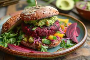 AI generated Vegan beet chickpea burgers with vegetables, guacamole photo