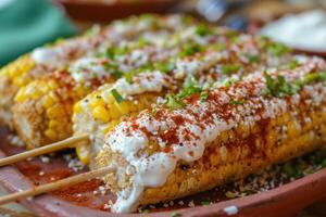 ai generado elotes, A la parrilla mexicano calle maíz en el mazorca con cotija queso, chile polvo, mayonesa foto