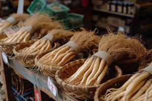 AI generated Wild ginseng roots plant, chinese herbal pharmacy photo