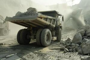 AI generated Large quarry dump truck in mine, quarry. Loading and transportation minerals photo