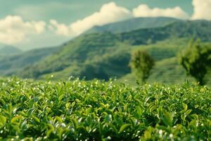 AI generated Green tea bush plantation with hills and mountains on background photo