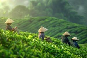 AI generated female workers collect harvests tea leaves by Hand at tea plantation photo