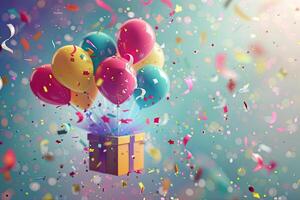 AI generated April Fools Day banner, colorful balloons and confetti flying out of a gift box, party, birthday photo