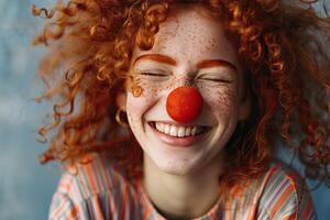 ai generado abril tontos día bandera, gracioso payaso circo ejecutante, Rizado rojo peludo niña con un payaso nariz foto