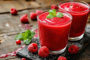 AI generated raspberries smoothie cocktail Healthy appetizing dessert in glasses fresh vegan drink. Copy space photo