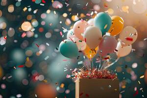 ai generado abril tontos día bandera, vistoso globos y papel picado volador fuera de un regalo caja, fiesta, cumpleaños foto