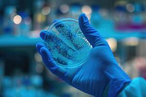 AI generated Scientists hand in glove holding petri dishes with bacterial colonies culture photo