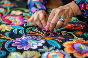 AI generated Mexican embroidery with cacti, flowers, birds, beads photo