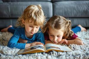 ai generado para niños leyendo un libro juntos. internacional para niños libro día foto