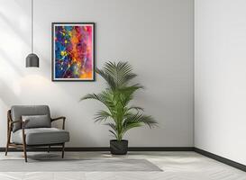 AI generated The room decorated in a minimalist style with picture frames and paintings is breathtaking. photo