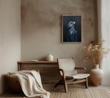 AI generated Design a chic and stylish room image. Decorated with beautiful picture frames and paintings. photo