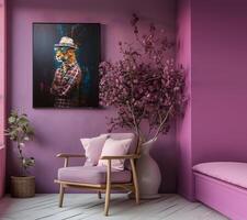 AI generated Design a chic and stylish room image. Decorated with beautiful picture frames and paintings. photo