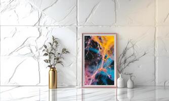 ai generado diseño un elegante y elegante habitación imagen. decorado con hermosa imagen marcos y pinturas foto