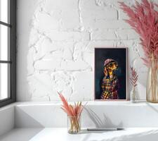 AI generated Design a chic and stylish room image. Decorated with beautiful picture frames and paintings. photo