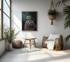 AI generated Design a chic and stylish room image. Decorated with beautiful picture frames and paintings. photo