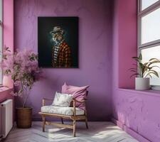 AI generated Design a chic and stylish room image. Decorated with beautiful picture frames and paintings. photo