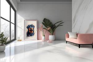AI generated Design a chic and stylish room image. Decorated with beautiful picture frames and paintings. photo