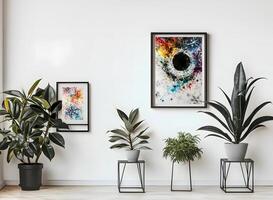 ai generado el habitación decorado en un minimalista estilo con imagen marcos y pinturas es asombroso. foto