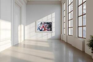 AI generated The room decorated in a minimalist style with picture frames and paintings is breathtaking. photo