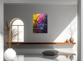 AI generated The room decorated in a minimalist style with picture frames and paintings is breathtaking. photo