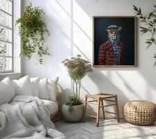 AI generated Design a chic and stylish room image. Decorated with beautiful picture frames and paintings. photo