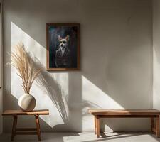 AI generated Design a chic and stylish room image. Decorated with beautiful picture frames and paintings. photo