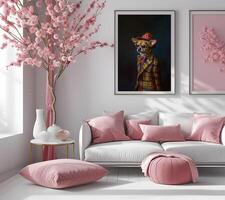 AI generated Design a chic and stylish room image. Decorated with beautiful picture frames and paintings. photo